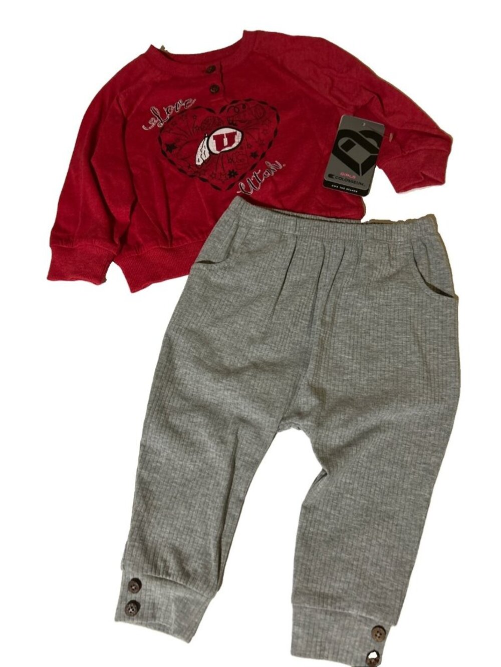 NEW Utah Utes Colosseum Red Shirt Gray Pants Set Infant Girls 6-12 Mos.